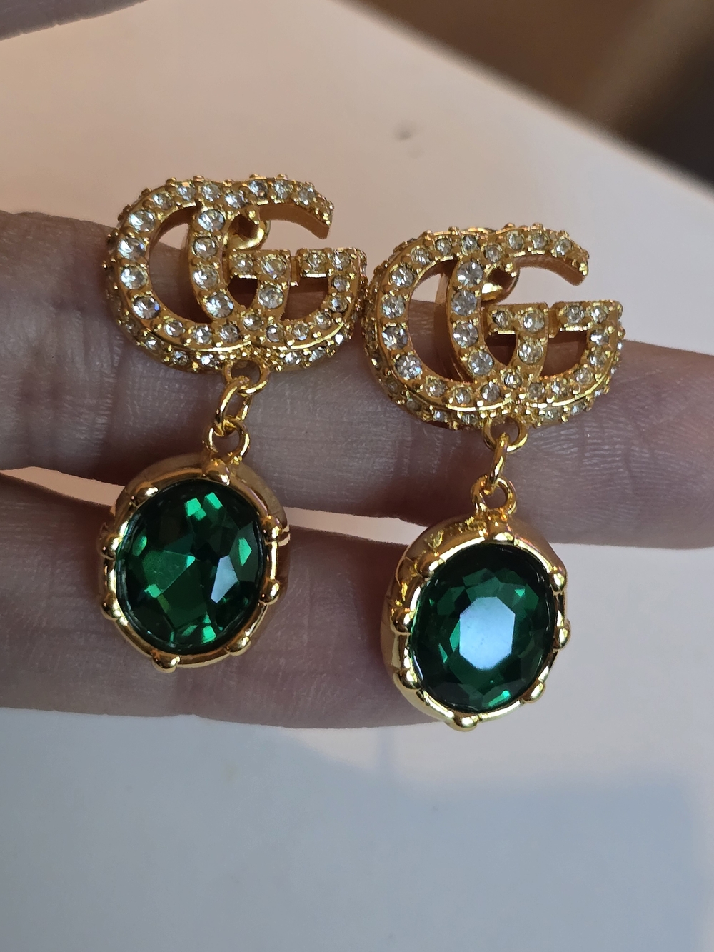 Gucci 18kgpGold-Tone Earrings with Emerald Green Gem Drops - Picture 3 of 8